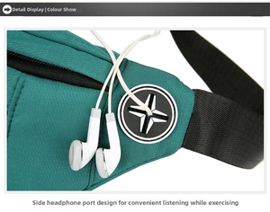 Detail of green Oxford waist bag showing the headphone jack with white cable inserted