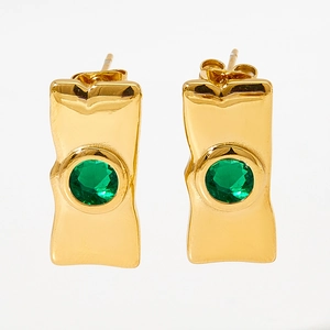 Modern gold rectangular earrings with a green center stone on a clean white background