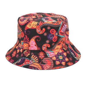 Unisex black bucket hat featuring vibrant orange and purple paisley floral patterns