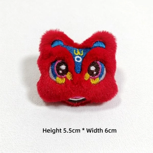 Detailed plush Chinese lion embroidery patch in red with dimensions H 5.5cm x W 6cm