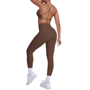Zweiteiliges Yoga-Set für Damen in Braun mit Cross-Back-Sport-BH und High-Waist-Leggings