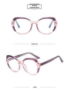 Detailed front and side views of purple cat-eye TR90 frames with anti-blue light lenses