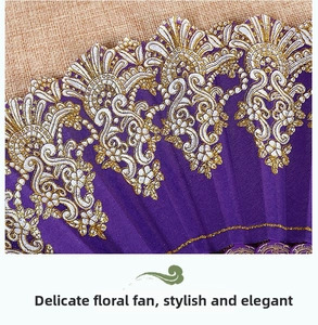 Detailed macro view of purple silk folding fan with golden lace trim and floral embroidery