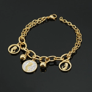 18K gold plated stainless steel bracelet with rhinestone portrait pendant and beads
