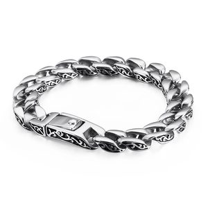 Retro stainless steel Cuban link bracelet for men with vintage engraved floral patterns