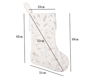 Detailed dimensions of white faux fur Christmas stocking with gold feather patterns