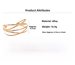 Detail view of gold layered geometric bangle showing dimensions 6.7cm by 3.6cm