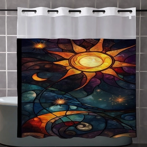 Detail of waterproof polyester shower curtain with stained glass sun and stars art