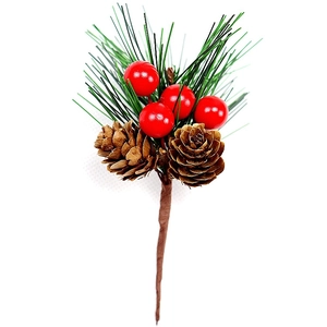 Detailed close-up of mini Christmas pine cones and red berries with green needles