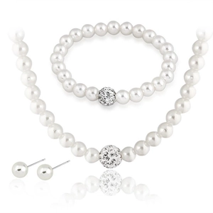 Three-piece bridal jewelry set with imitation pearls, necklace, bracelet, and earrings