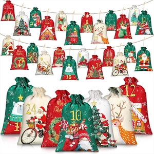 Set of 24 Christmas advent calendar linen drawstring bags with festive holiday patterns