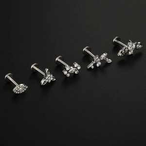 5-piece F136 titanium labret set with zircon studs for lip and cartilage piercings