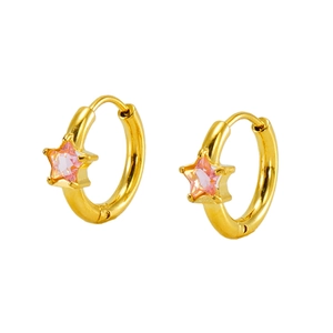 Gold plated hoop earrings with pink star shaped zircon pendants for women and girls