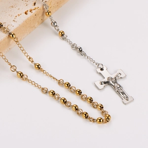 Collier minimaliste en acier inoxydable style vintage français avec perles de 4mm et croix