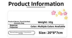 Detail view of floral quilted pencil case specifications with dimensions 20x8x7cm