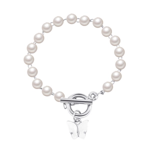 French style pearl bracelet featuring silver OT buckle and smooth butterfly pendant