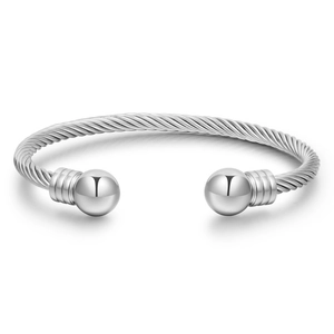 Silver stainless steel twisted rope open bangle with polished ball ends on white background