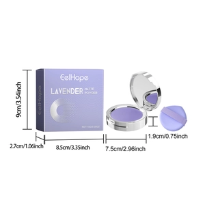 Lavender matte powder compact with silver case, purple puff and mirror detail set
