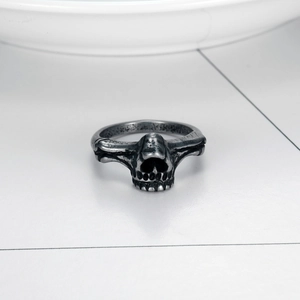 Gothic skull ring for men in antique silver finish with 3D carved skeleton design details