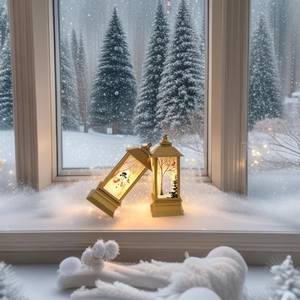 Golden Christmas lantern detail with snowman pattern on snowy window sill backdrop