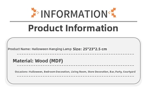 Detailed specs for 25x23cm Halloween wooden LED door sign showing dimensions and MDF material
