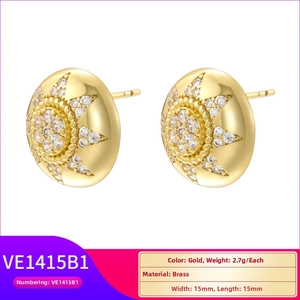 Detailed view of 15mm gold brass sunburst stud earrings featuring cubic zirconia pavé