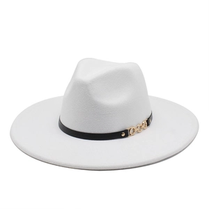 Classic white wool felt fedora hat with wide brim, black ribbon, and gold chain detail