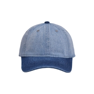 Detail showing contrast stitching and two-tone washed denim patchwork on baseball cap