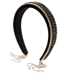 Black velvet headband with sparkling crystals and long rhinestone tassels for women