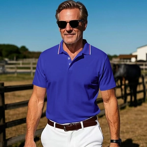Detail of royal blue polo shirt with tricolor striped collar and white buttons