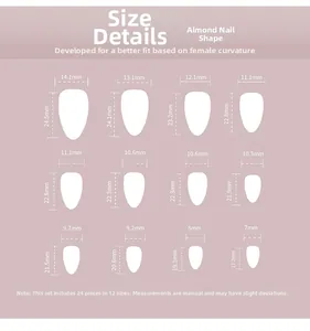 Size guide for 24pcs almond press on nails showing 12 different width and length dimensions