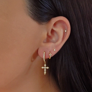 Vintage gold S925 silver cross drop earrings with pavé crystals worn on ear