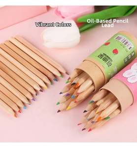 Detail of 24-color oily colored pencils in a cylindrical box with strawberry patterns