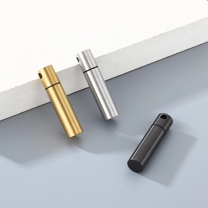 Cylindrical stainless steel urn pendant necklace in gold, silver, and black finish