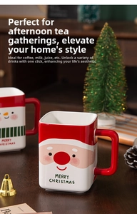 Festive Santa and Snowman square ceramic mug with red handle in a cozy Christmas setting