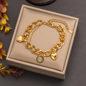 Bracelet À Maillons Cubains Superposés En Acier Inoxydable Avec Charmes Œil Maléfique Et Cœur Plaqué Or Bijoux Pour Femmes