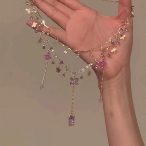 Double-layered silver necklace with purple butterfly charms and crystals for women