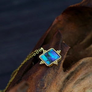 French vintage square abalone shell necklace with 18K gold plated chain for women