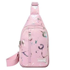 Pink crossbody sling bag with colorful paint splash pattern and adjustable shoulder strap