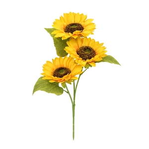 Artificial three-head sunflower bouquet with green leaves on white background for home decor