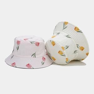 Chapeau bob réversible en coton avec motif tulipes pour protection solaire d'été