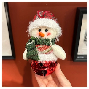 Detail of Christmas snowman ornament with red and green knit hat and metal bell base