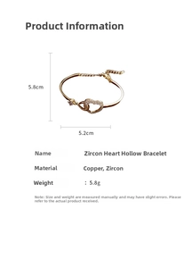 Size chart showing zircon heart hollow bangle dimensions 5.8cm x 5.2cm in copper