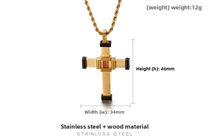 Detail of cross pendant with wood inlay and black borders on twisted steel chain