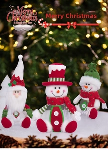Three-piece Christmas plush Santa and snowman candy jars on a snowy background