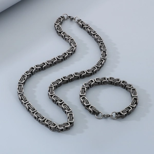 Detailed view of heavy stainless steel Byzantine chain necklace and bracelet set