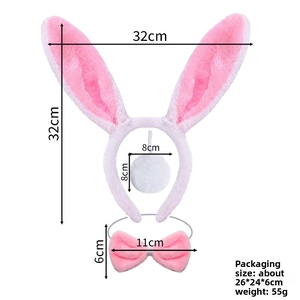Detailed view of pink plush rabbit ear headband, bow tie, and tail set with measurements