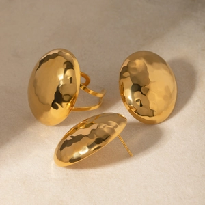 Minimalist 18k gold plated stainless steel hammered metal jewelry set for women