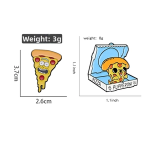 Macro view of cartoon food enamel pins with precise dimensions and weight details