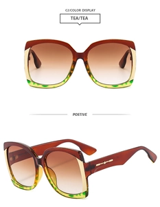 Detail view of square oversized sunglasses with tea gradient lenses and tortoiseshell frame